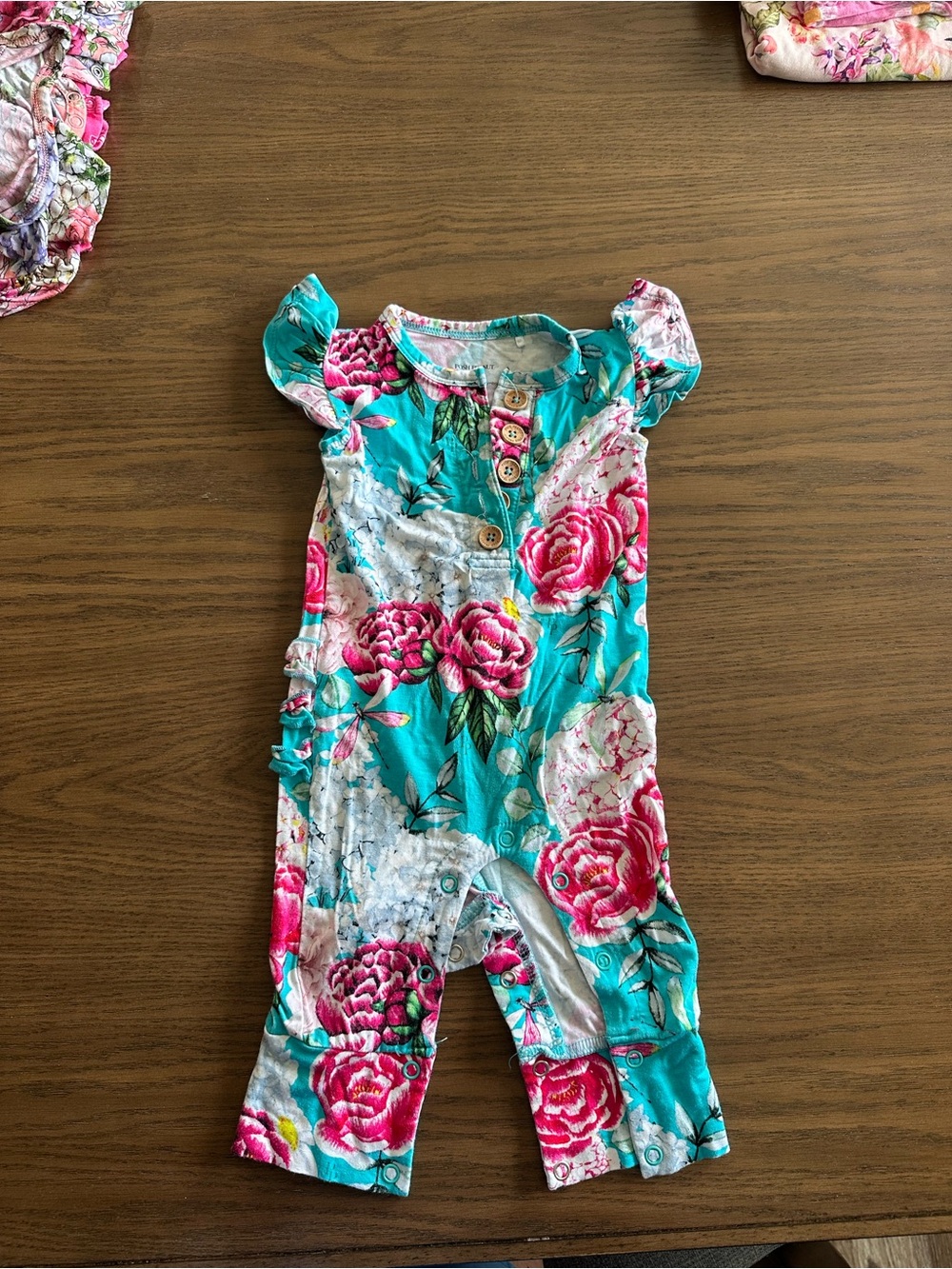 Posh Peanut Turquoise Romper with Pink Rose Print